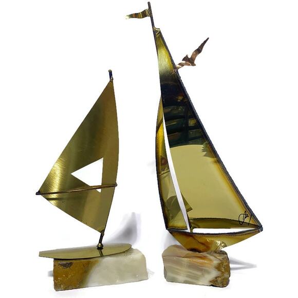 Sailboat Nautical Metal Art Brass Copper & Steel On Stone Onyx Base Set of Two - Picture 2 of 10